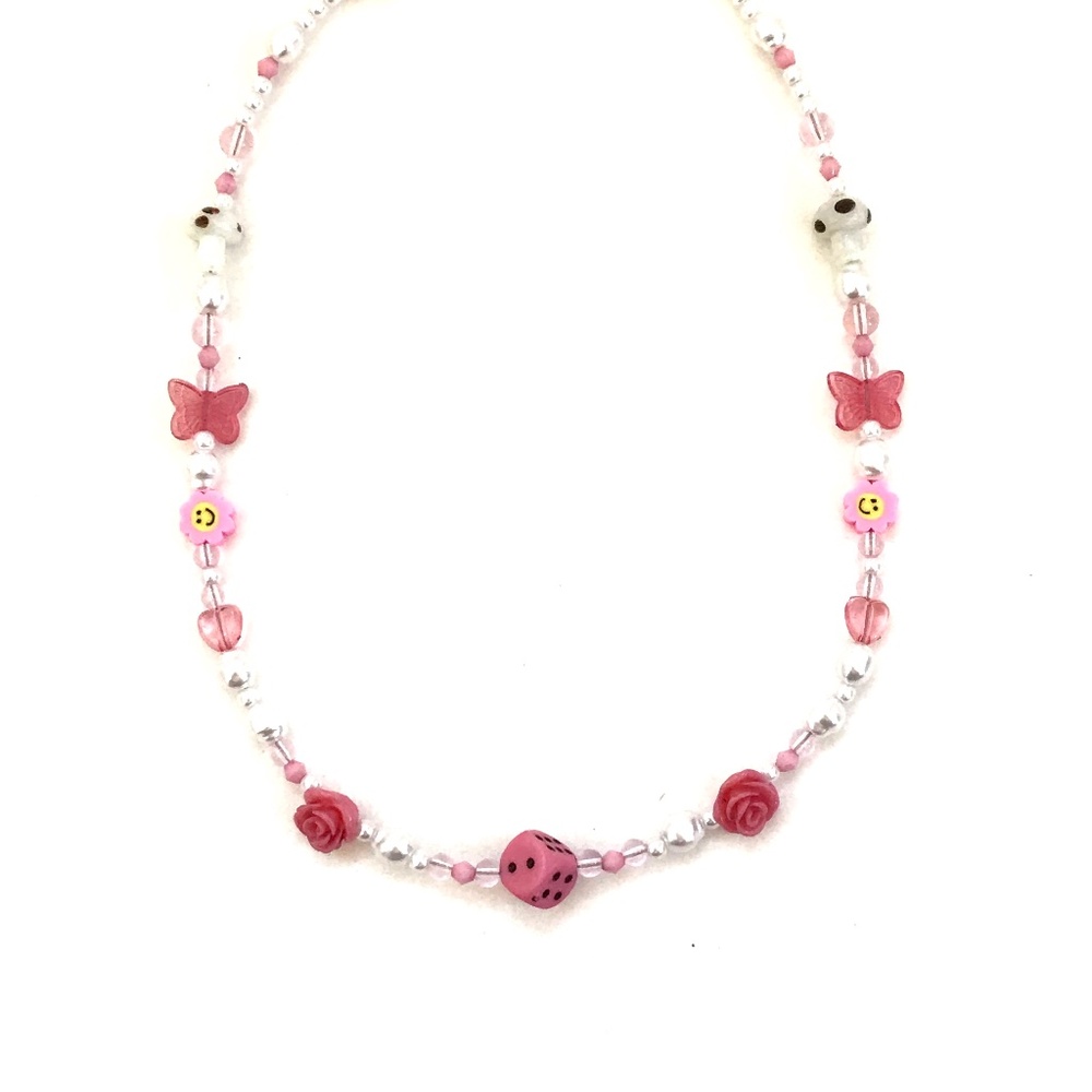 URBAN OUTFITTERS Butterfly Flower Necklace Pink and White NWT